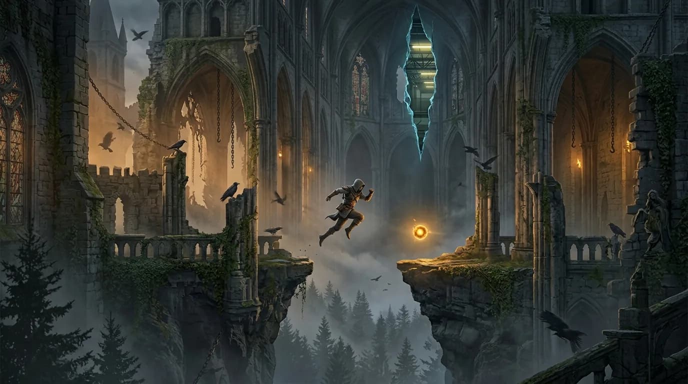 A climber leaping between ruined gothic towers toward a glowing anchor