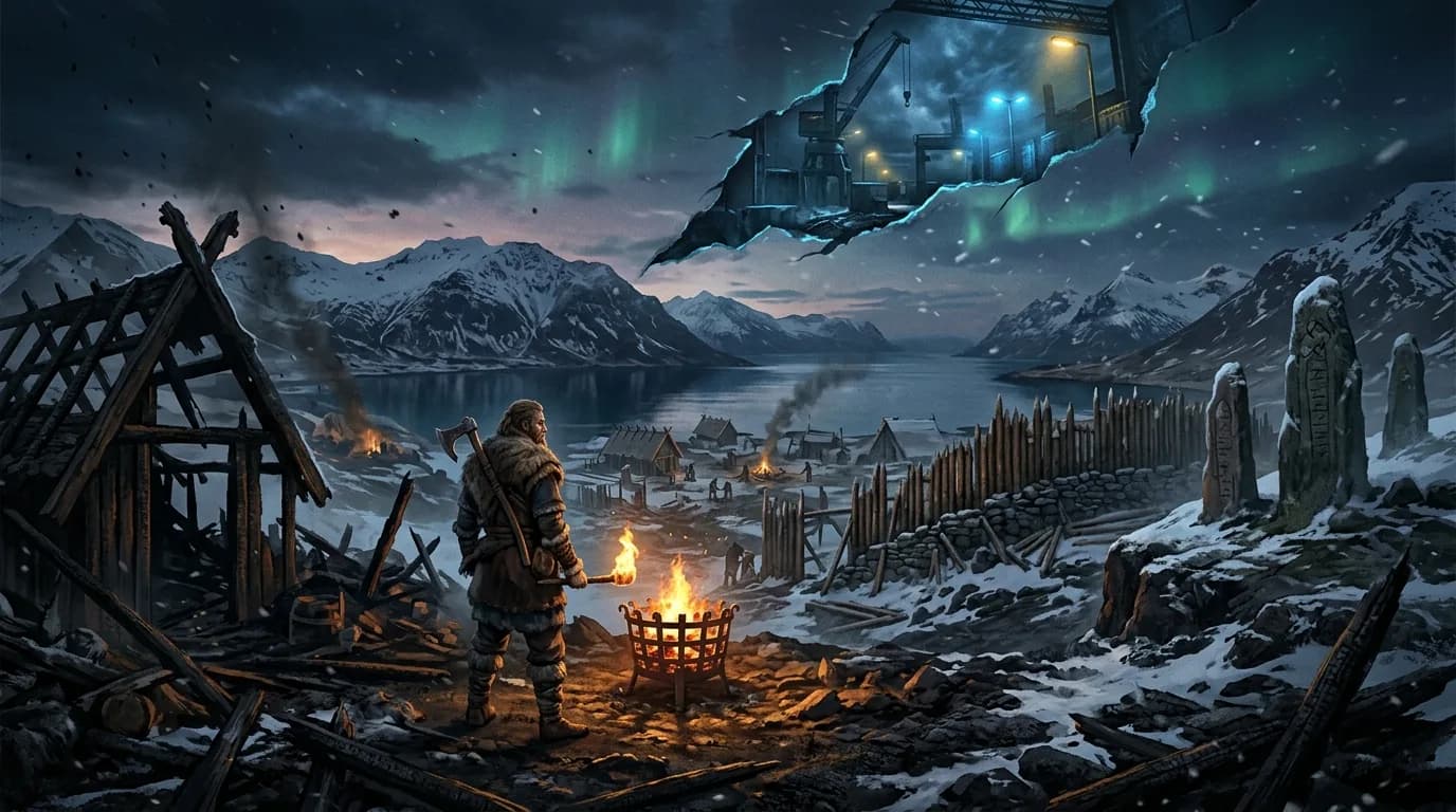 A lone settler by a fire in a burned Norse settlement under the northern lights