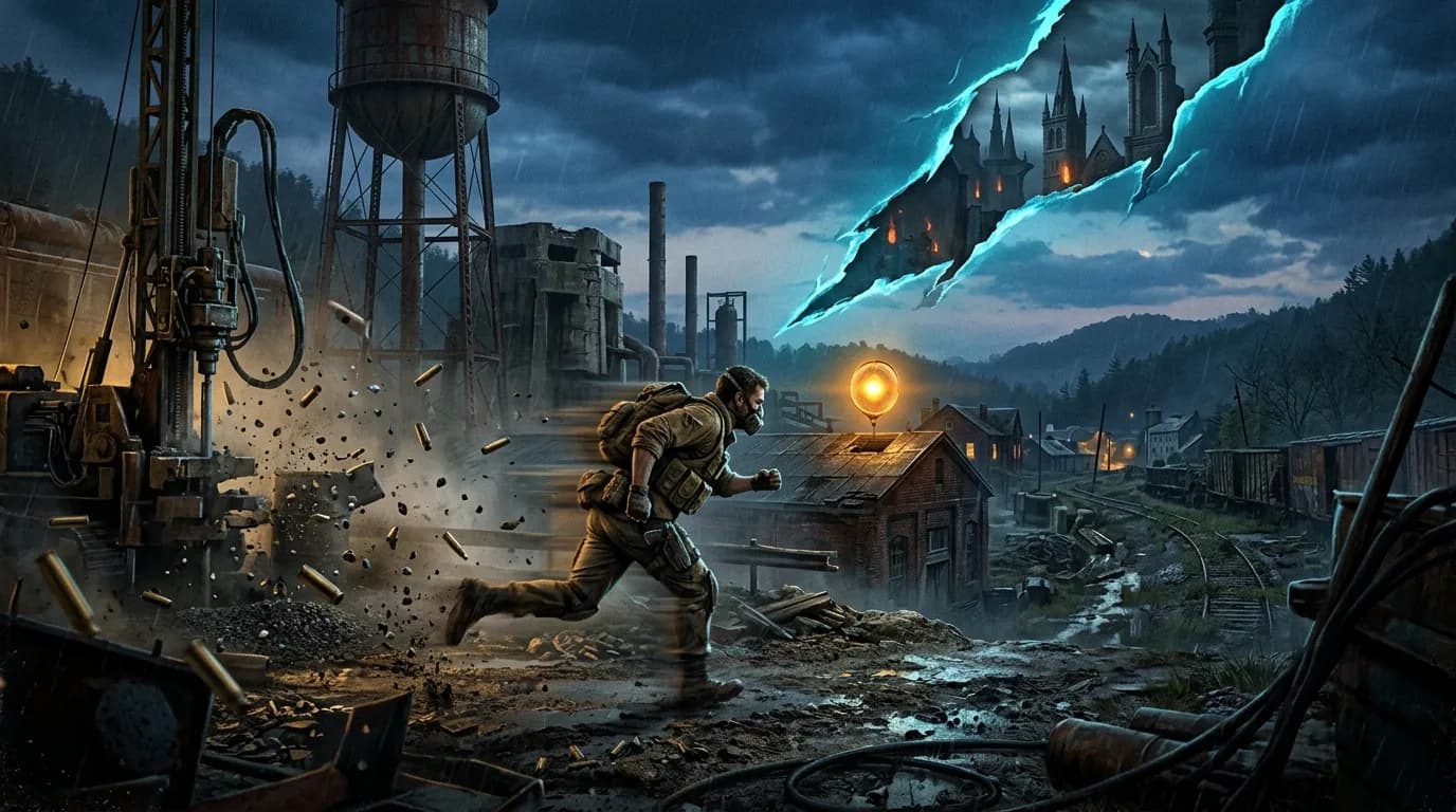 A runner sprinting through a derelict industrial yard as a rift tears open the sky