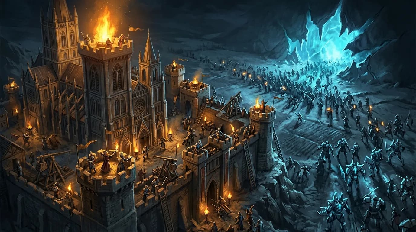A walled haven holding the line against a glowing horde at night