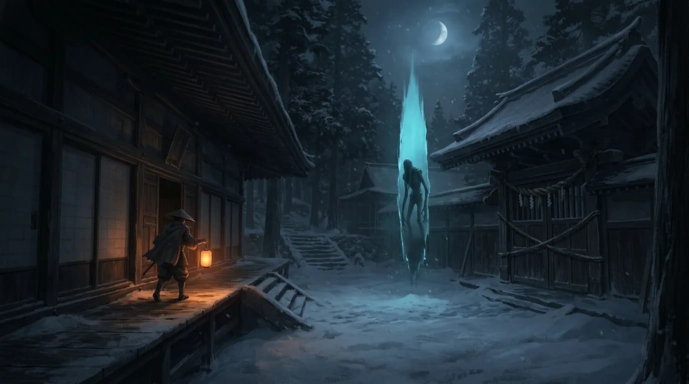 A lantern-bearer in a snowbound monastery courtyard at night